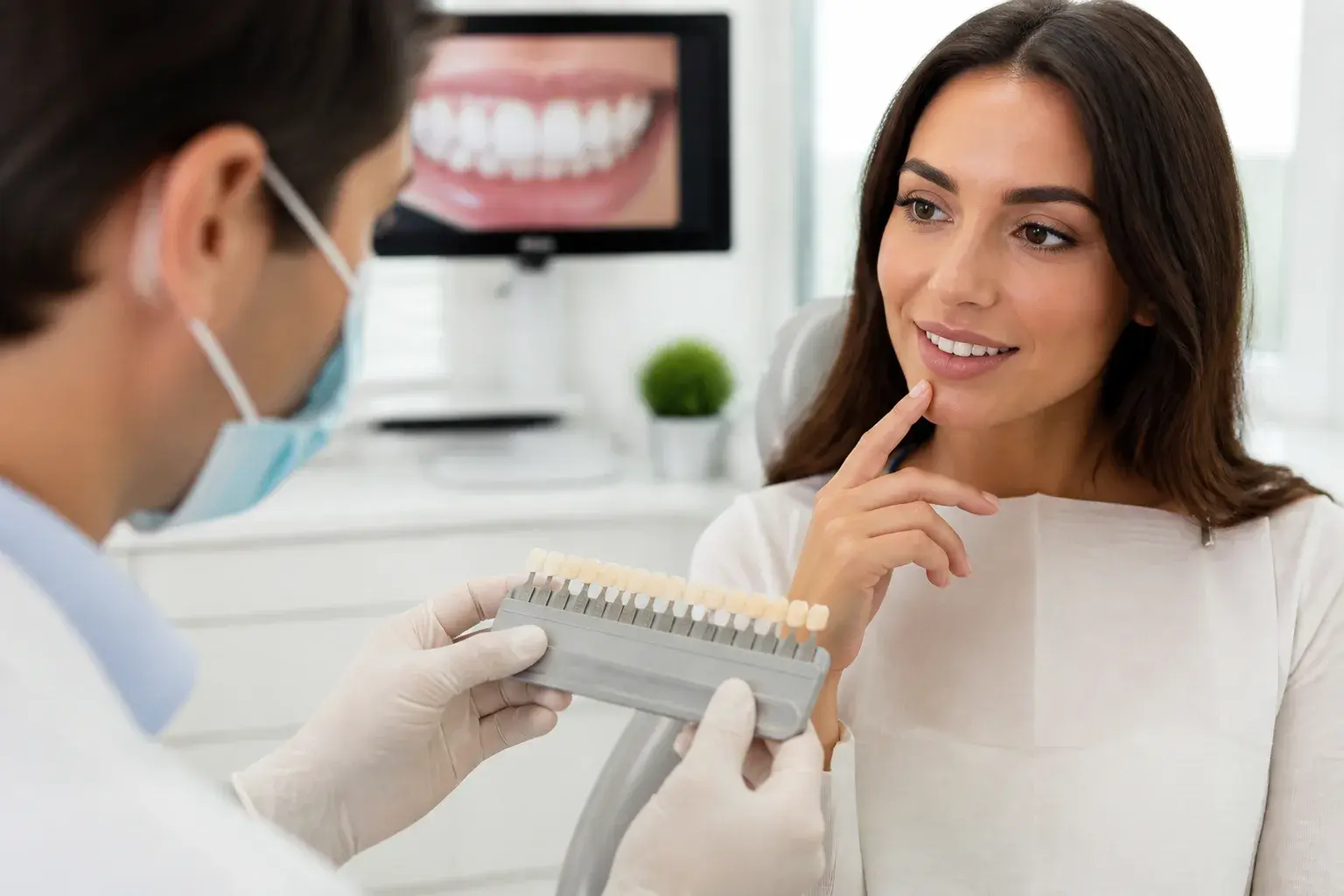 Calm veneer consultation with shade tabs and a numbing gel tray suggesting a comfortable visit