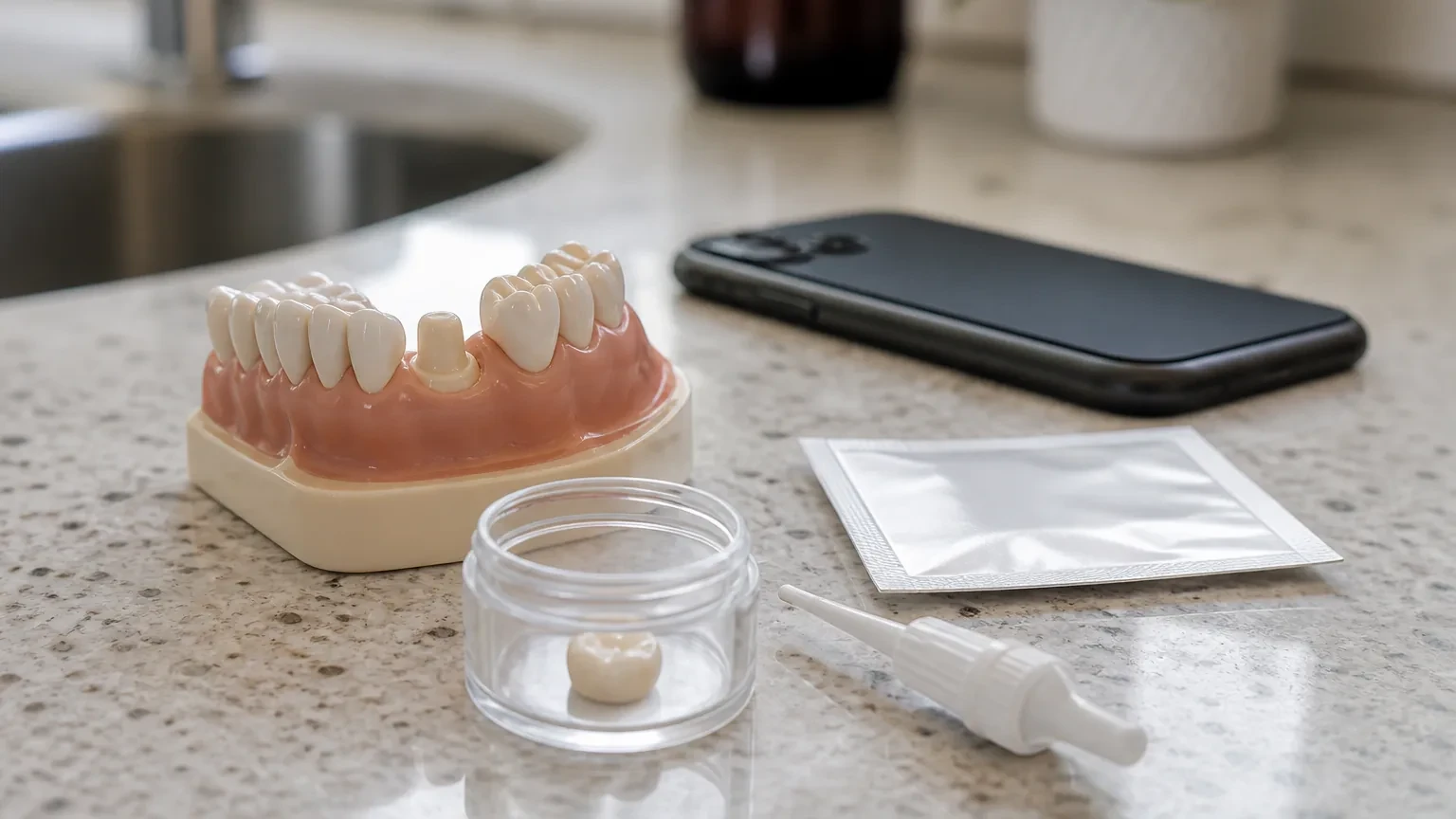 Loose dental crown in a small container beside a phone and dental mirror
