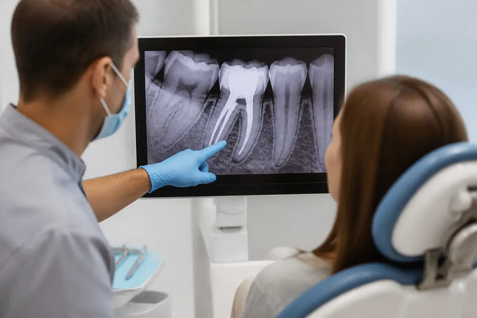 Endodontic X-ray beside root canal instruments showing signs a treated tooth may fail or need retreatment
