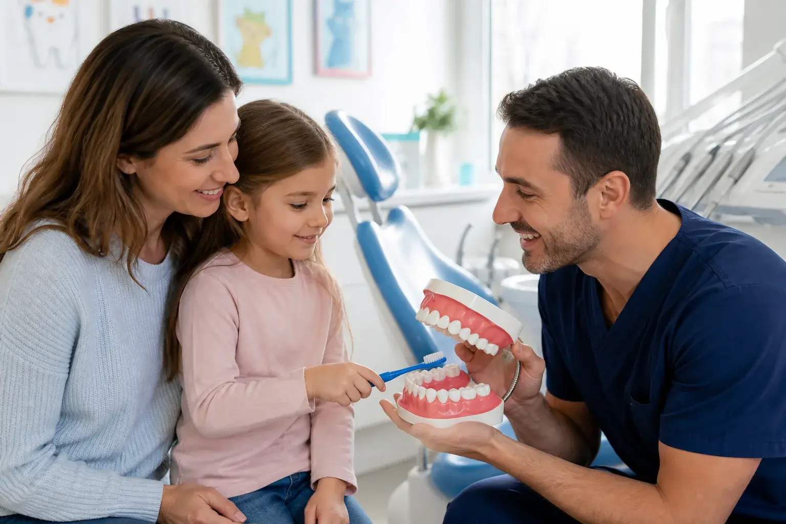 Friendly pediatric dentist reassuring a child and parent during a calm kids dental visit