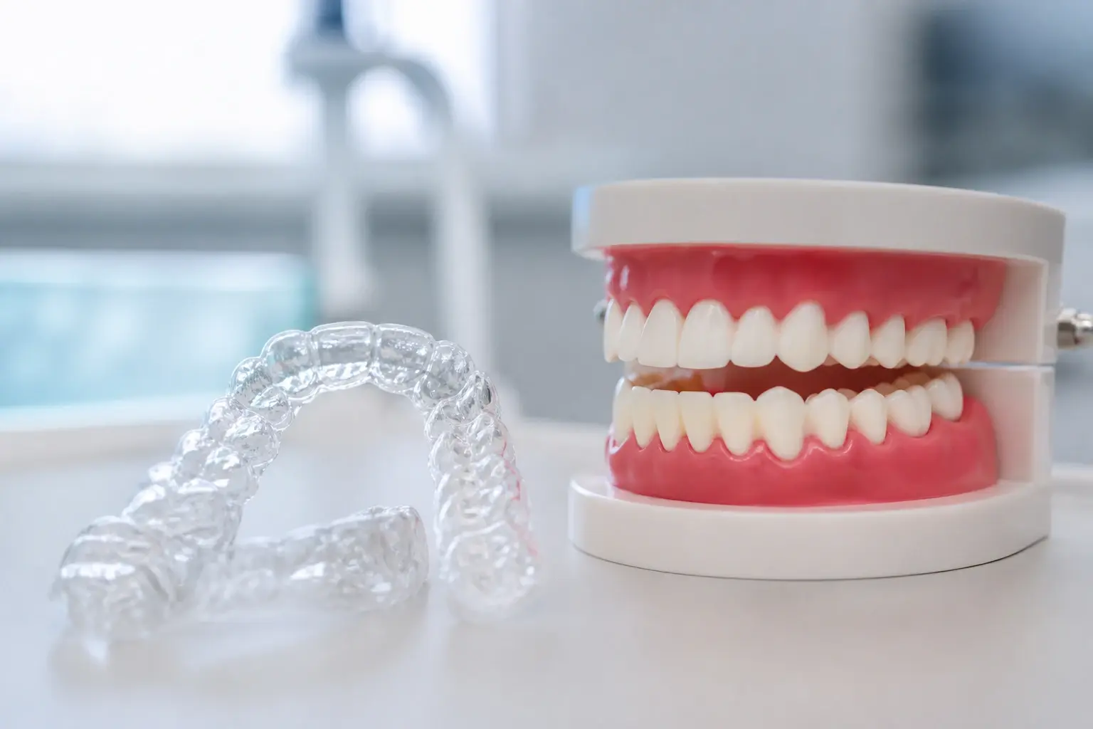 Clear aligners on crowded teeth model showing planned orthodontic spacing and tooth movement