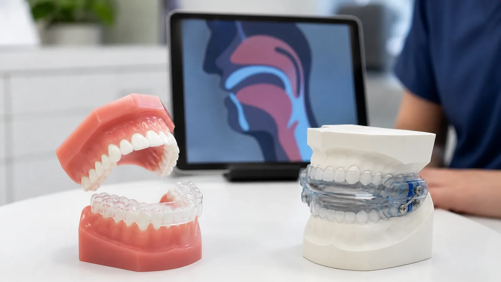 Clear aligners beside a custom oral sleep appliance to show different treatment goals
