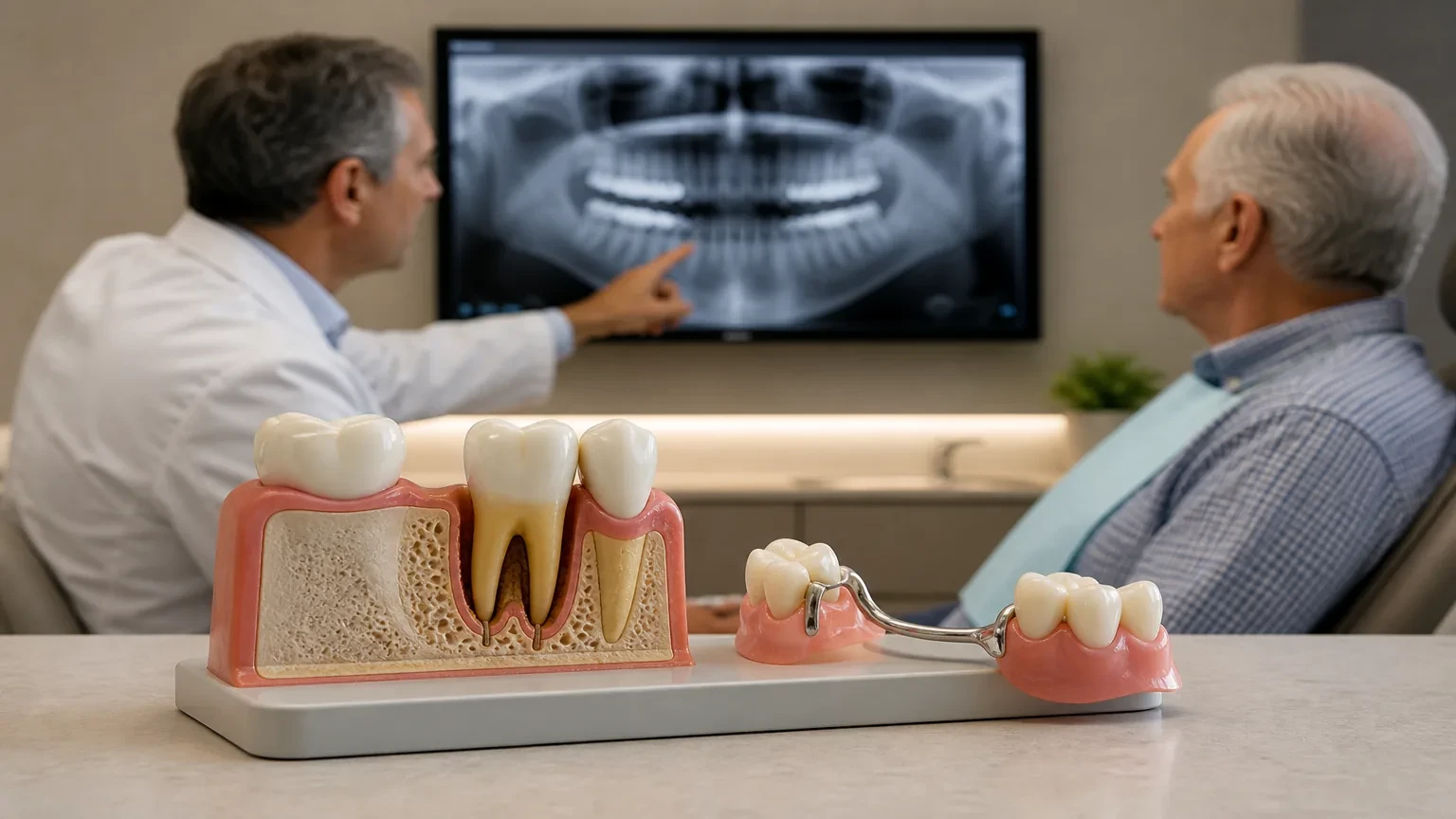 Dentist showing bone loss around a loose tooth on a periodontal X-ray