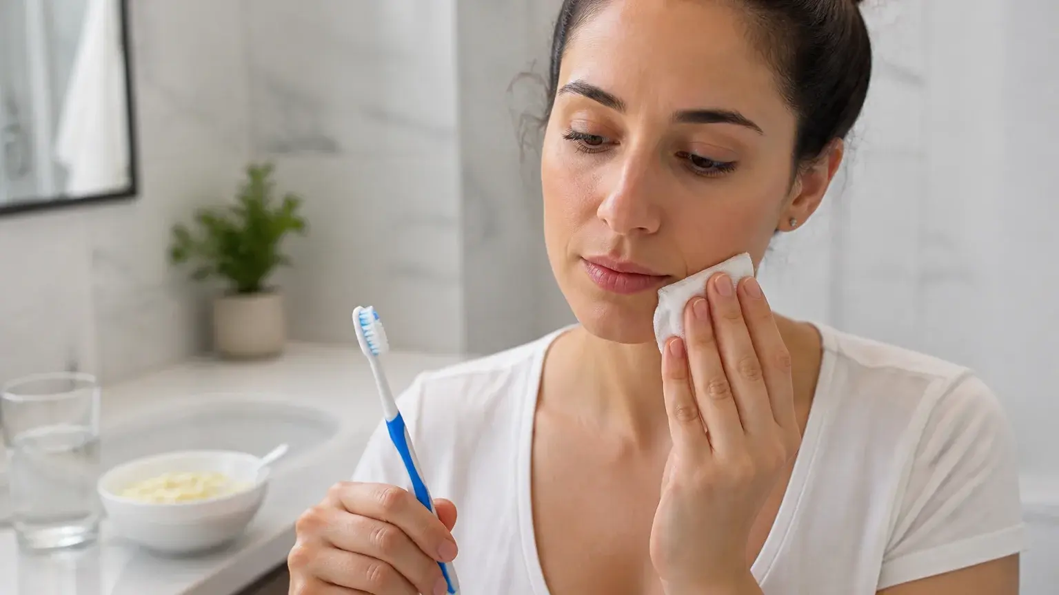 Soft toothbrush beside gauze and oral care supplies for brushing safely after tooth extraction