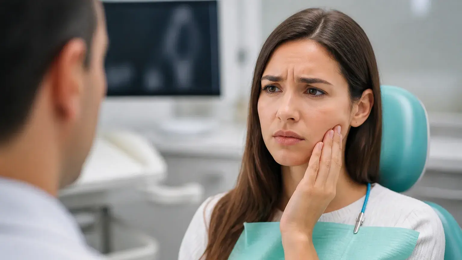 Orthodontic bite evaluation for TMJ relief with a patient discussing jaw alignment in a modern dental clinic