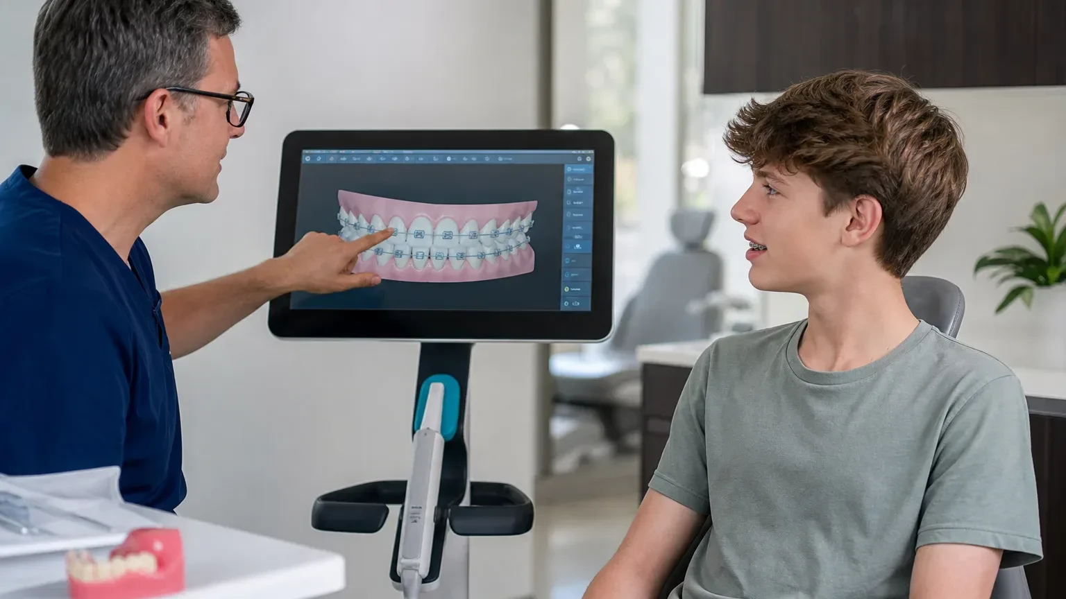 Orthodontic models and aligners beside notes about bite goals and TMJ caution