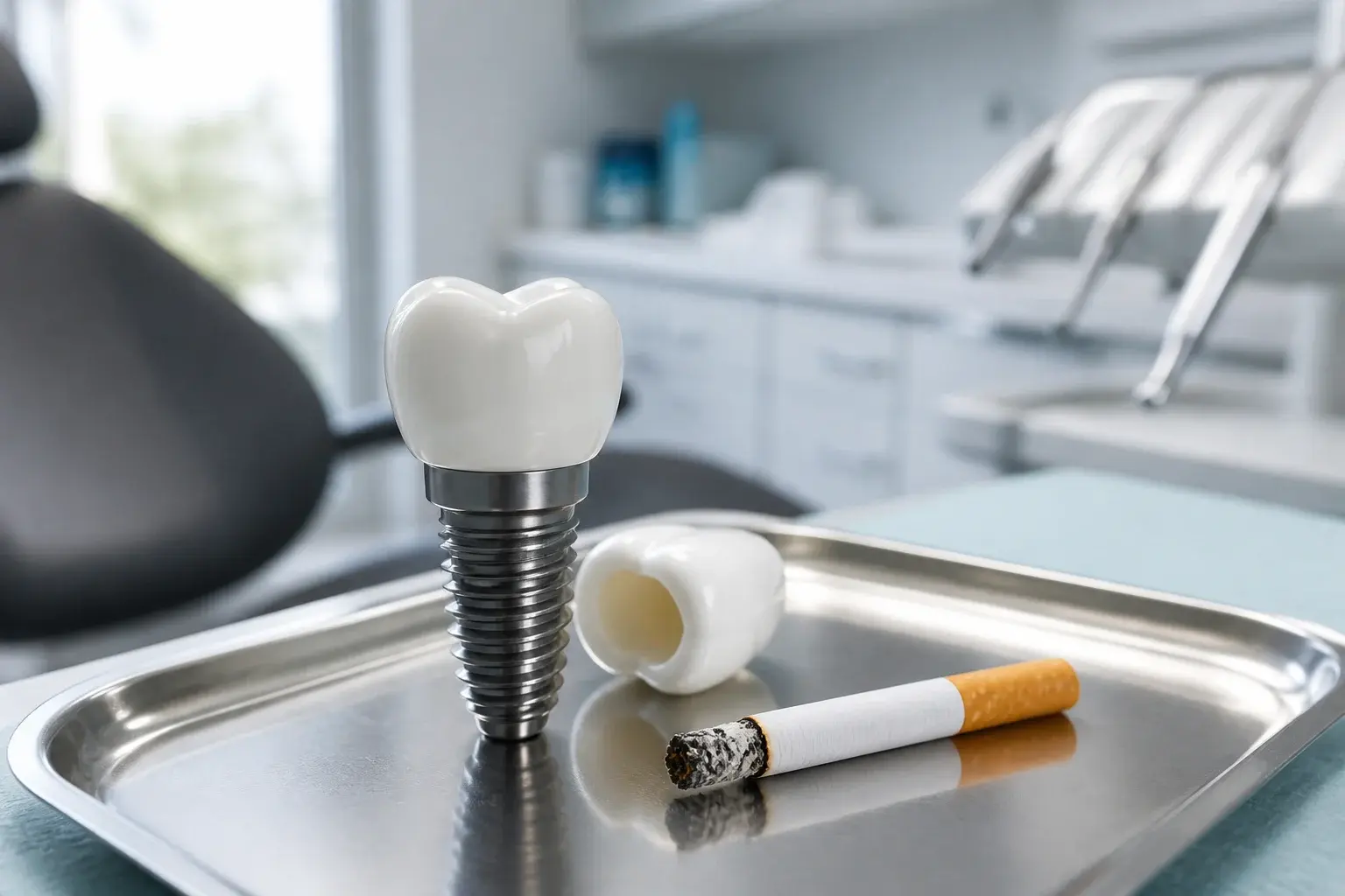 Dental implant model with patient health checklist illustrating smoking risks before implant treatment