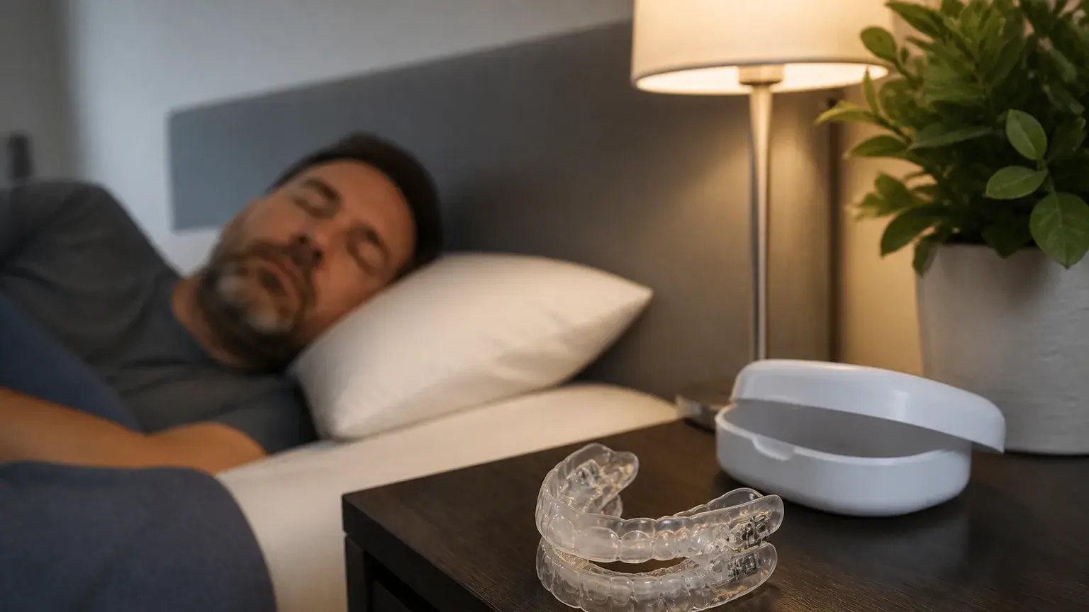 Snoring treatment consultation with a dentist presenting a custom oral appliance for nighttime breathing