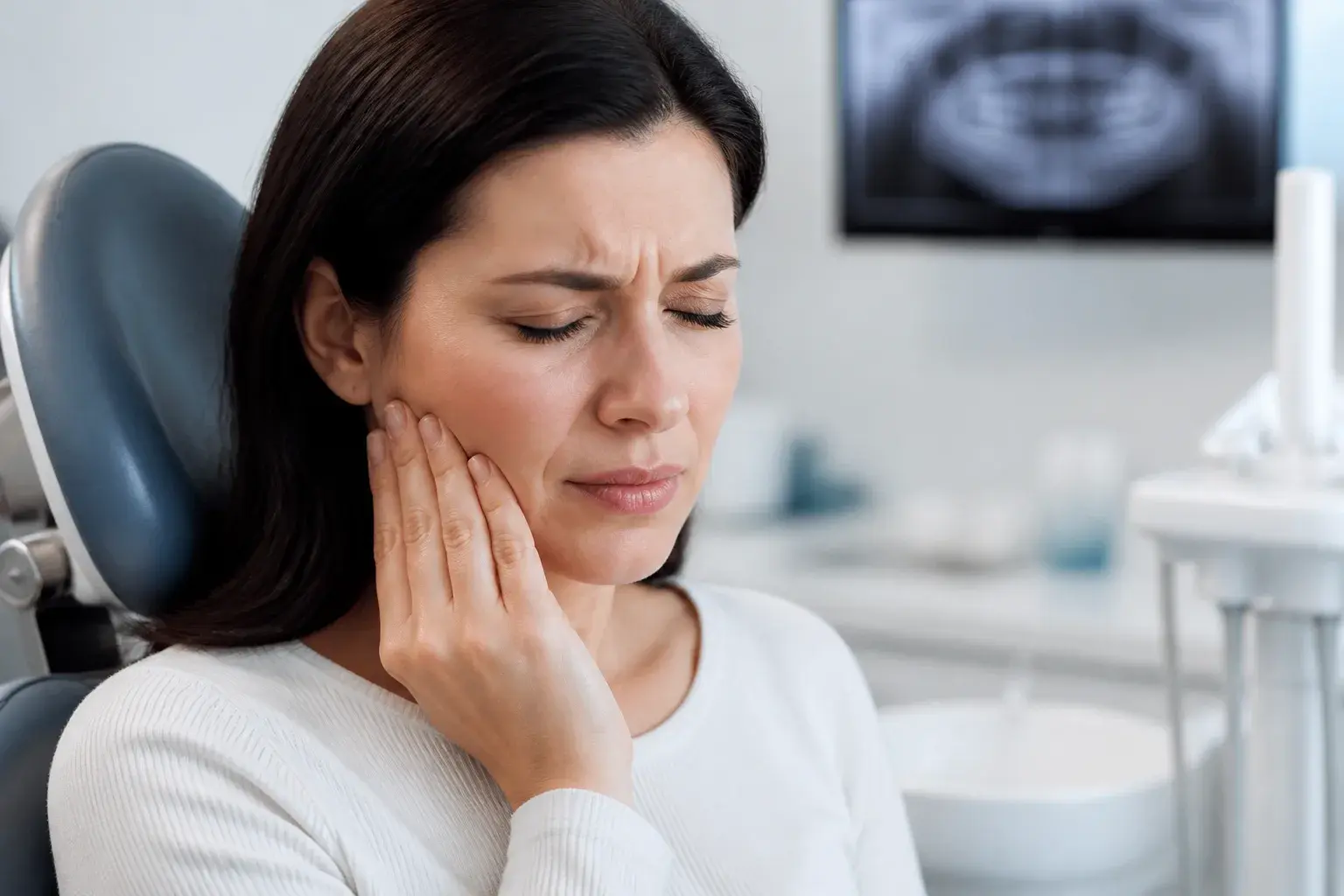 Stressed patient gently holding jaw in clinic setting to illustrate tension-related jaw pain