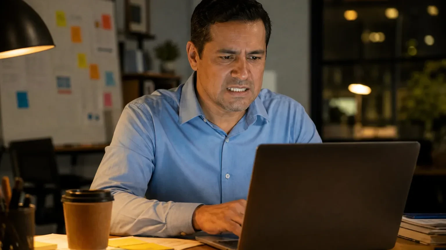 Person pausing at a laptop to unclench the jaw during a stressful work stretch