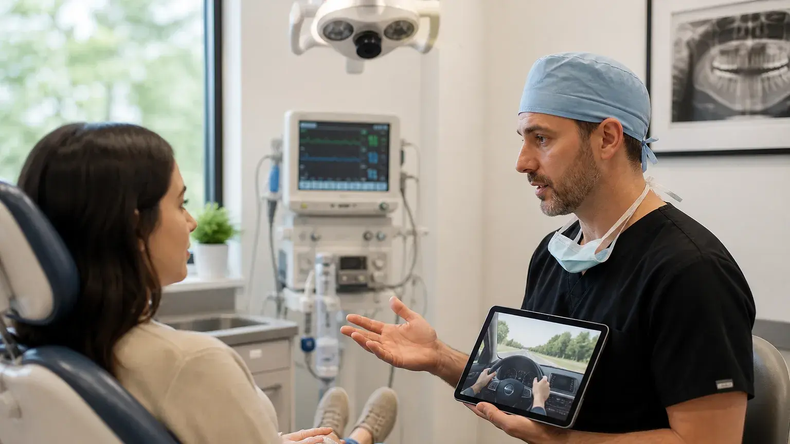 Dental sedation ride planning with a patient reviewing escort instructions before leaving the clinic