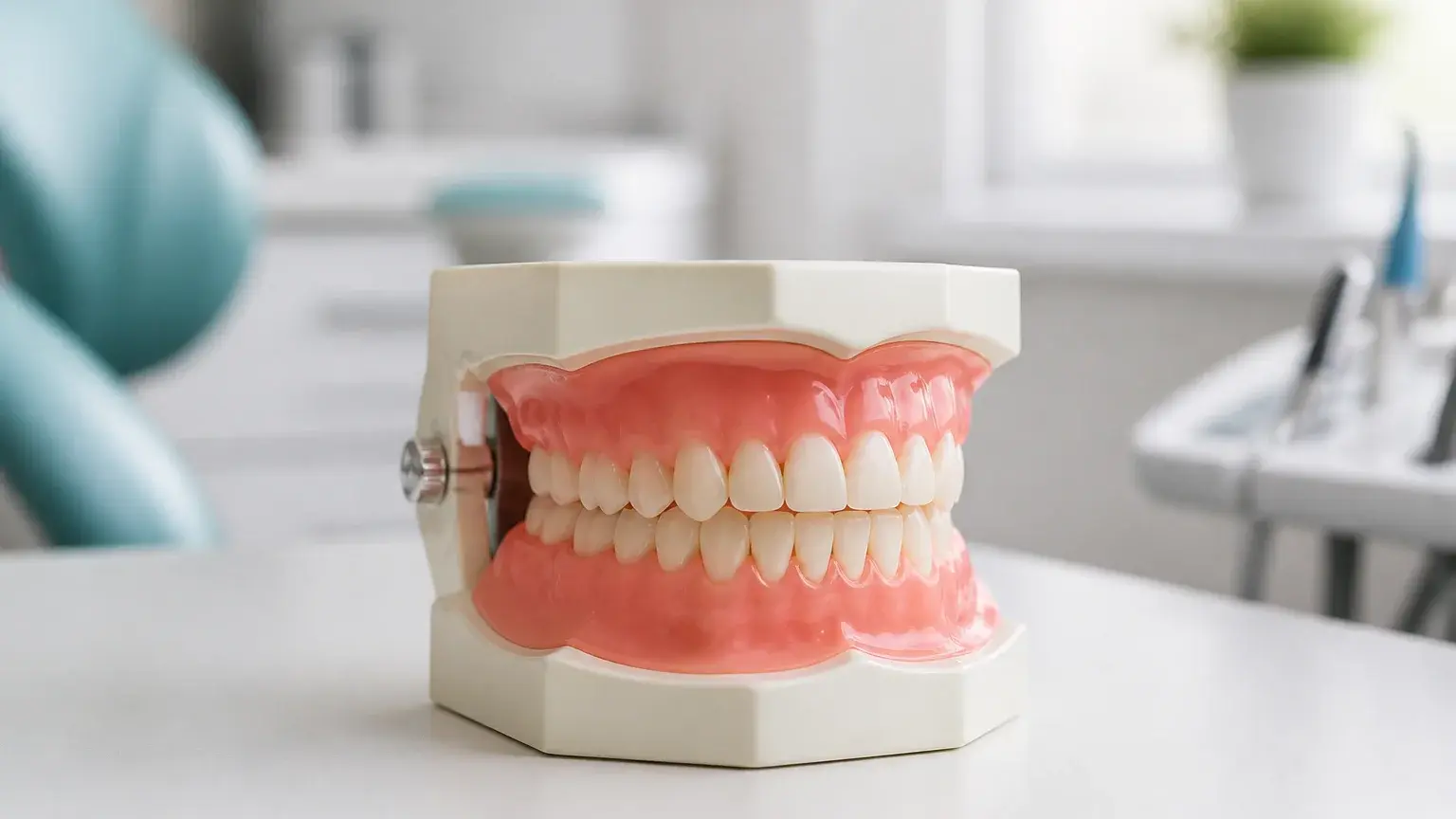 Denture model near soft foods and utensils explaining eating comfortably with new dentures