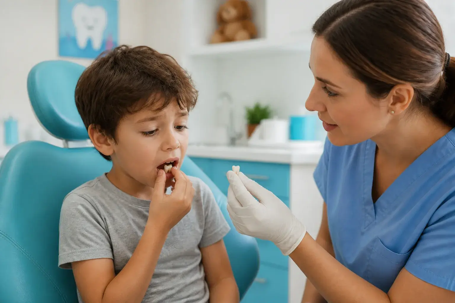 Knocked-out child tooth in a milk cup beside an emergency dental kit for urgent care steps