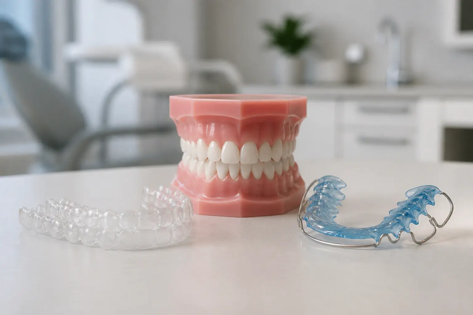 Clear retainer and active aligner tray beside dental model comparing retention and tooth movement