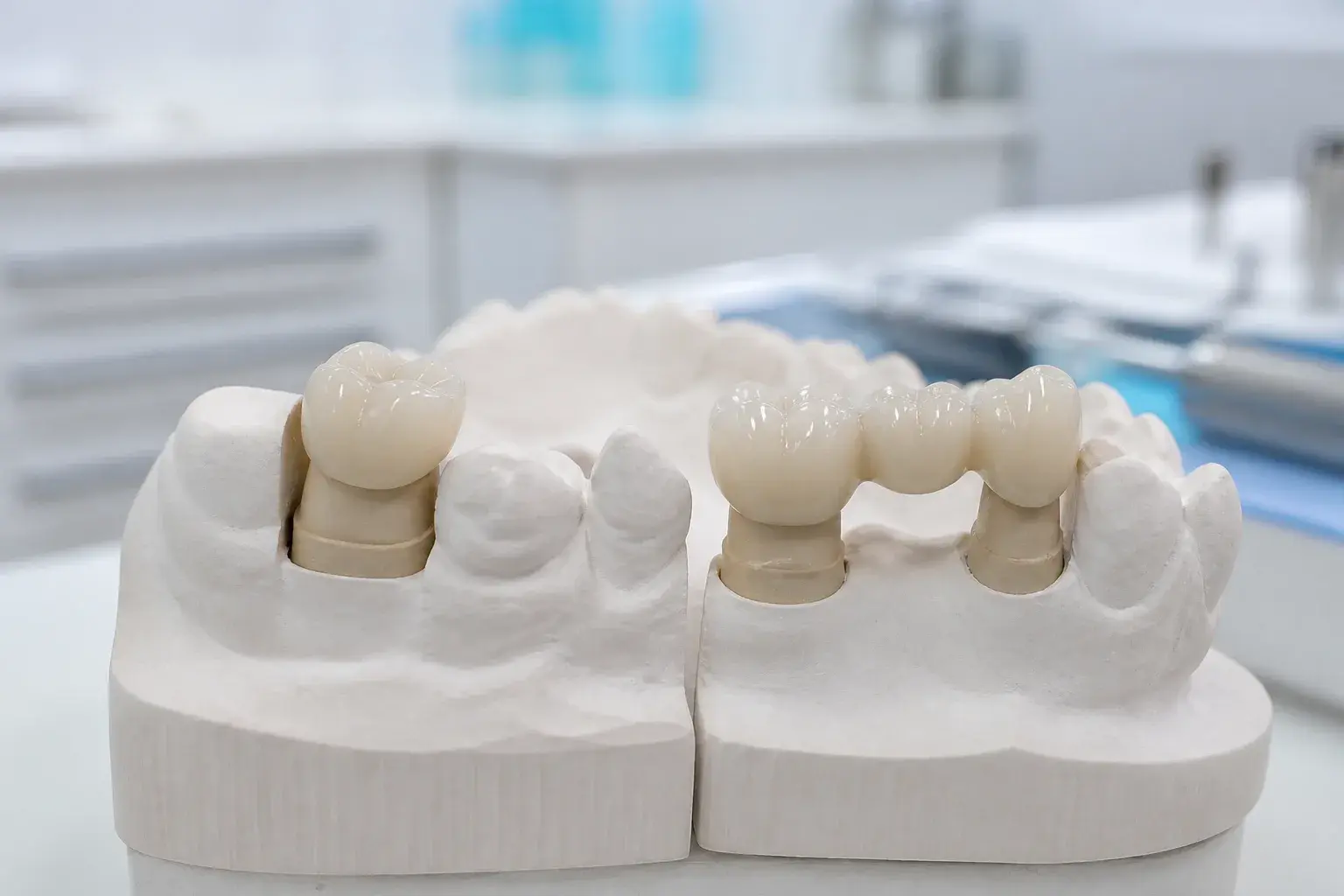 Dentist comparing crown and filling models to decide the best repair for damaged tooth structure