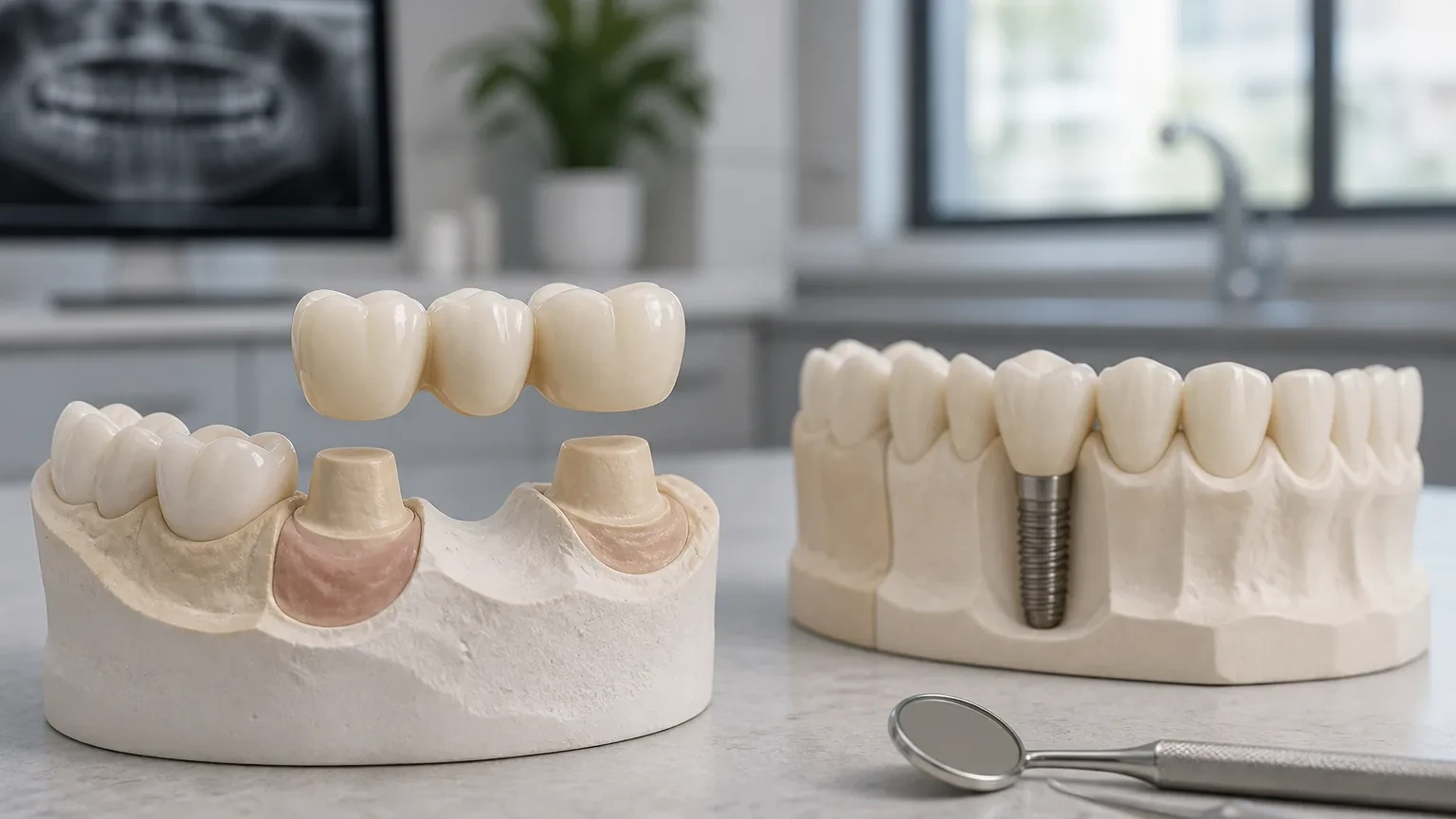 Dental bridge and implant restoration models compared side by side