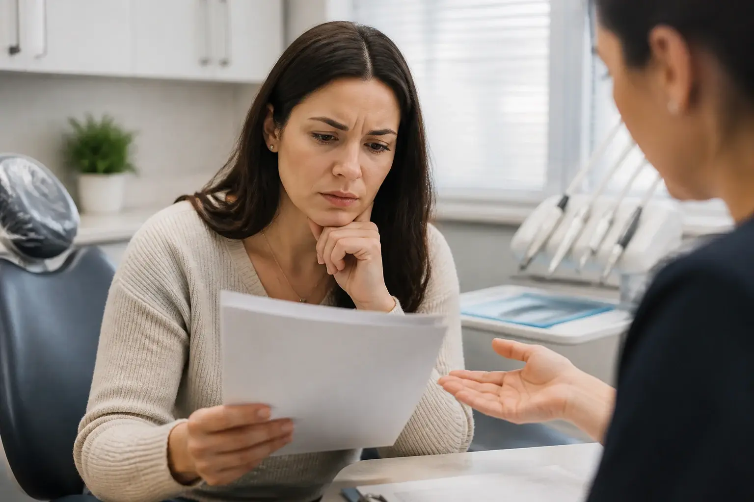 Dental cleaning cost estimate, insurance card, and polishing tools arranged on a clinic desk