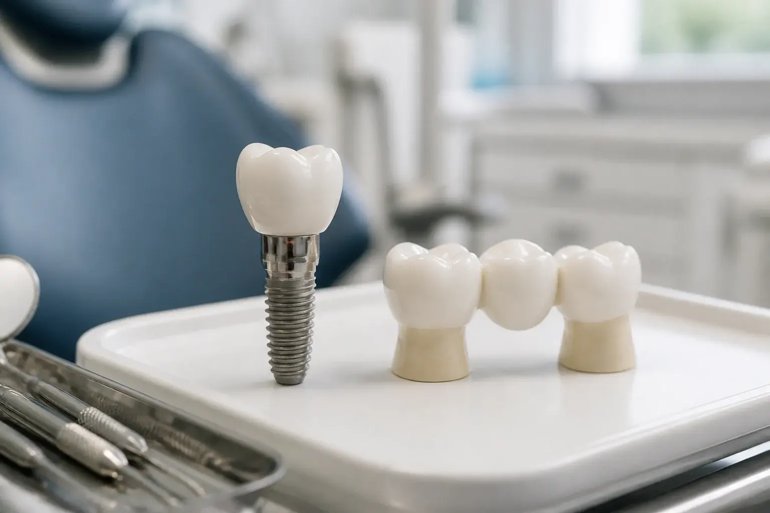 Side-by-side implant and bridge models on a dental tray comparing tooth replacement options