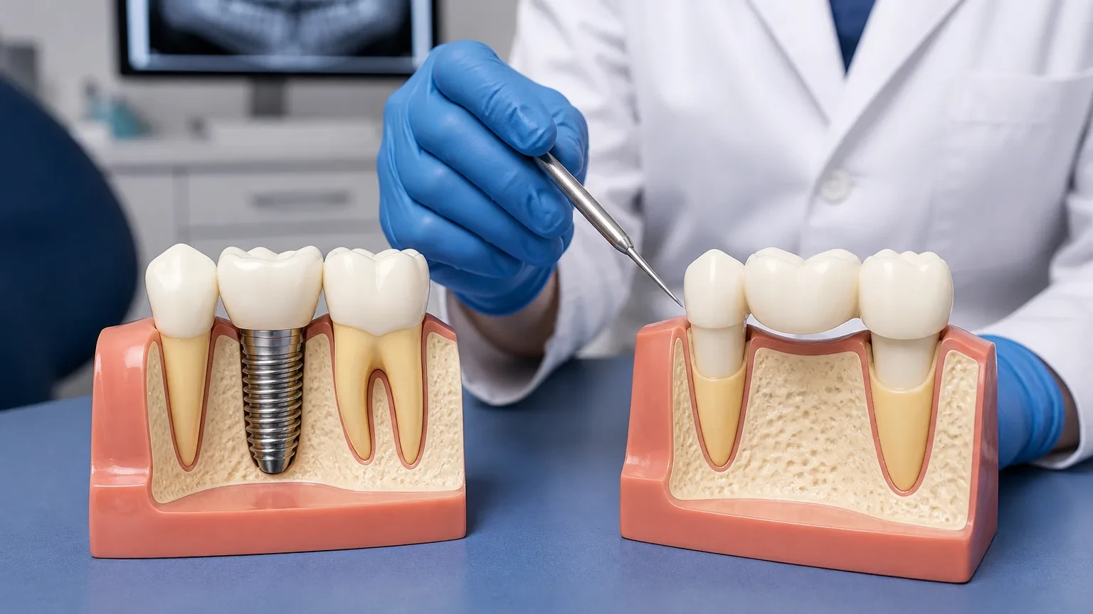 Side-by-side models of a dental implant crown and a traditional dental bridge