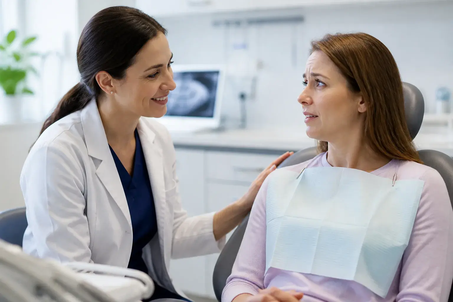 Fearful patient receiving supportive care from a dentist trained in gentle anxiety-focused visits