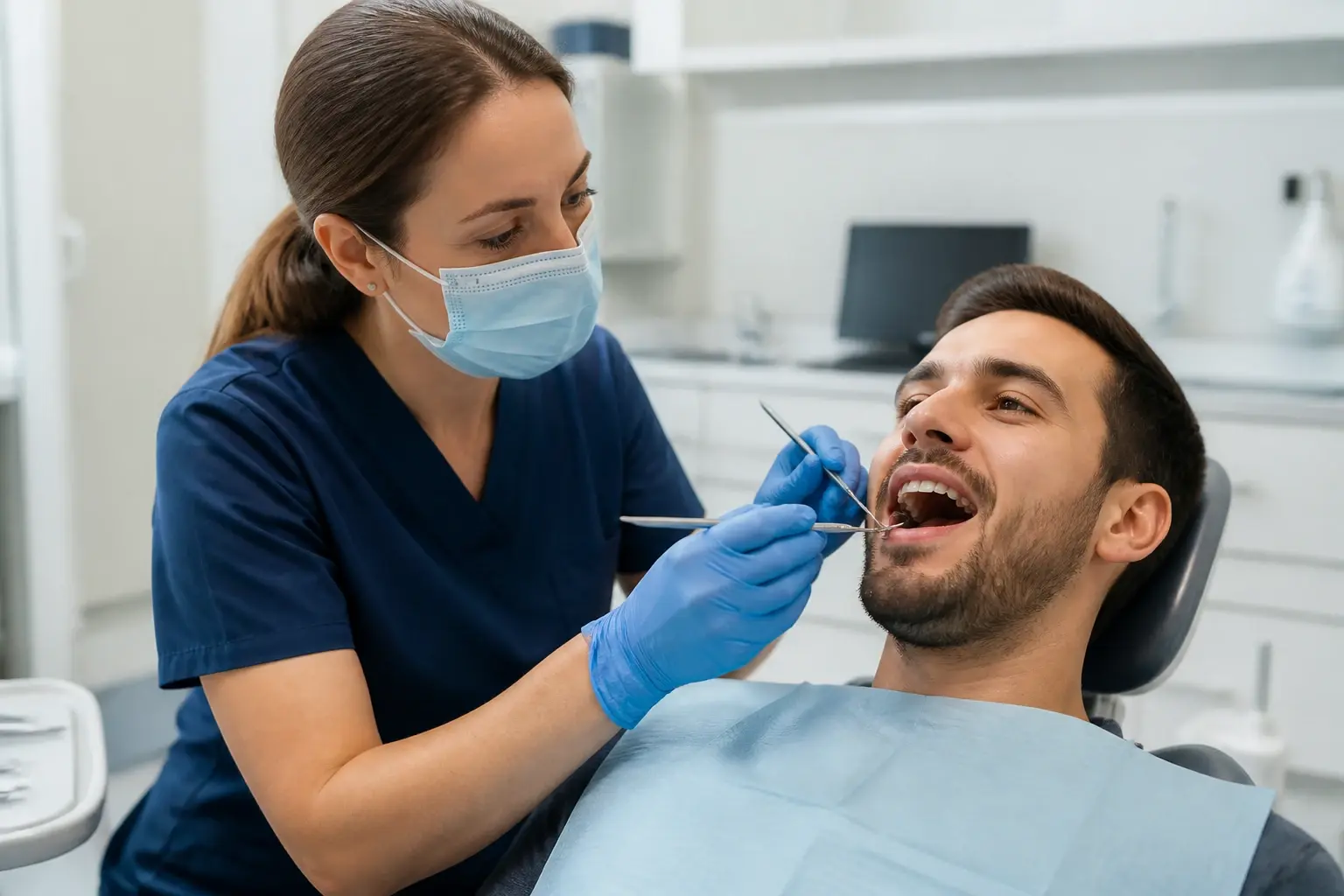 Adult patient receiving fluoride varnish guidance with a treatment tray in a bright dental operatory
