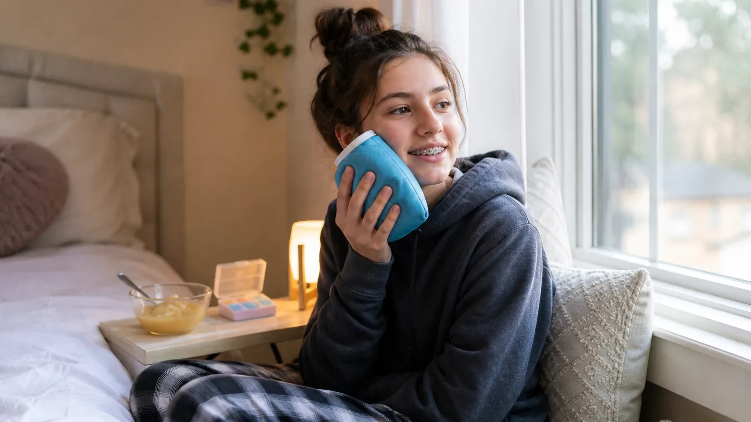 Teen with braces holding orthodontic wax and a soft snack after an adjustment