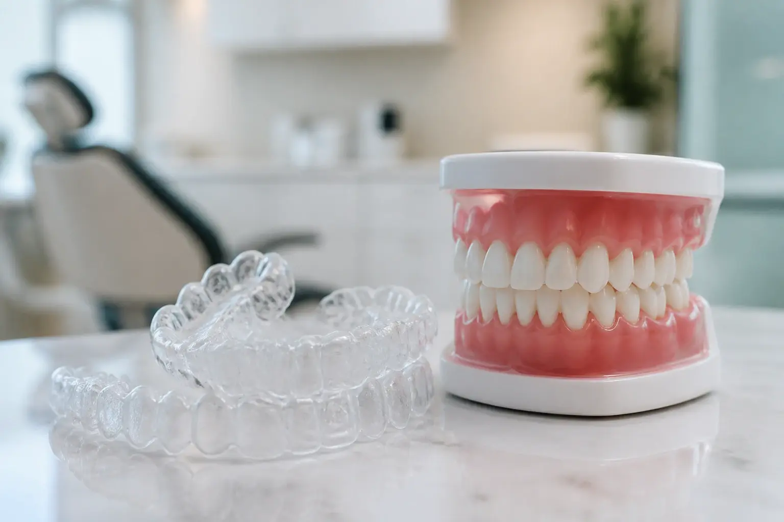Adult smile model with clear aligner trays in clinic showing discreet orthodontic treatment options