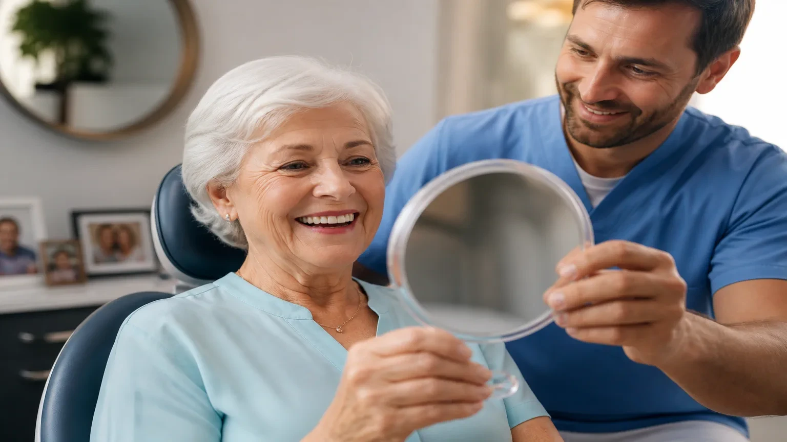 Custom denture teeth shade guide beside a finished natural-looking denture