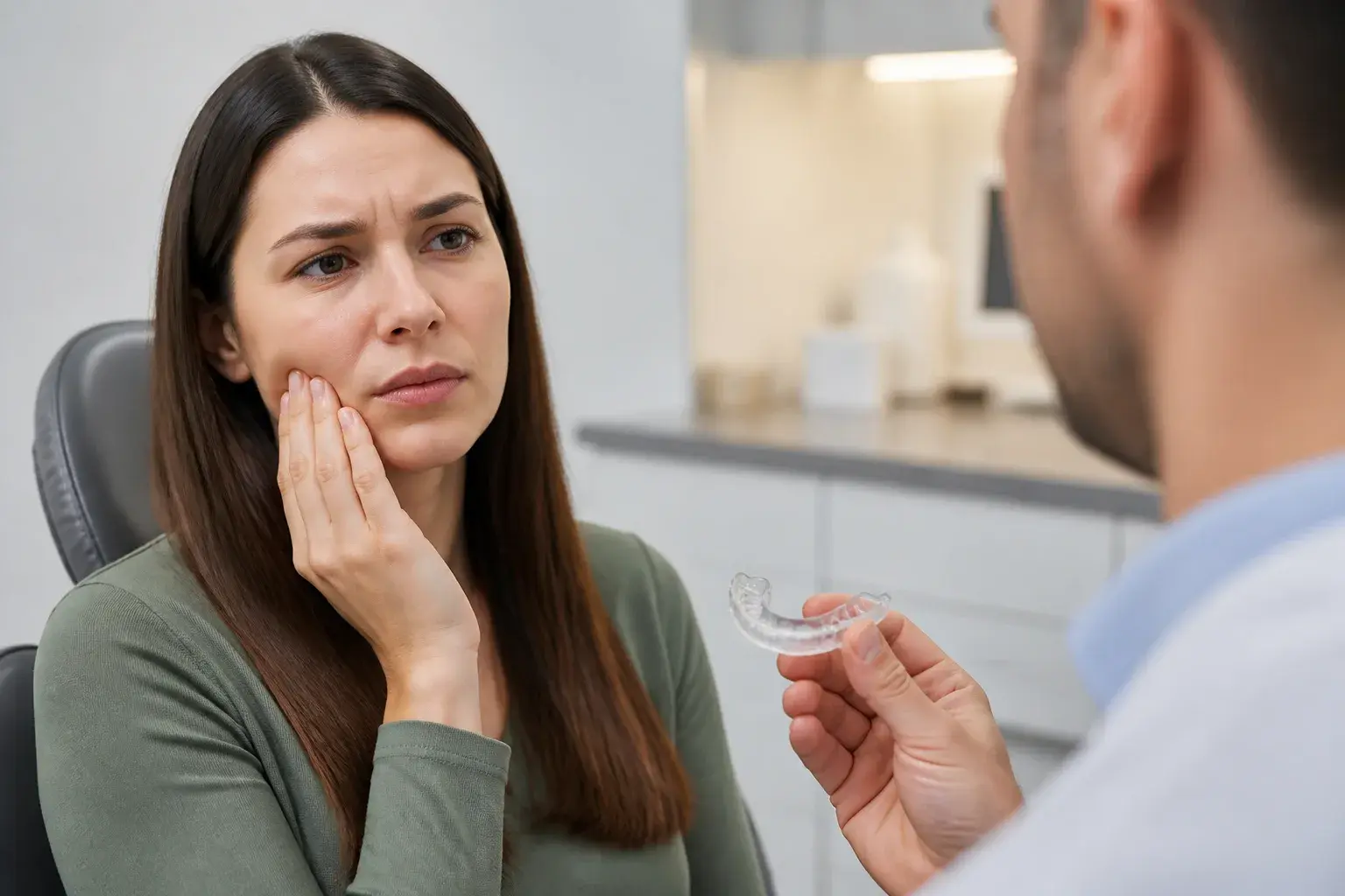Clear night guard on dental model during TMJ consultation for jaw clenching and bite support