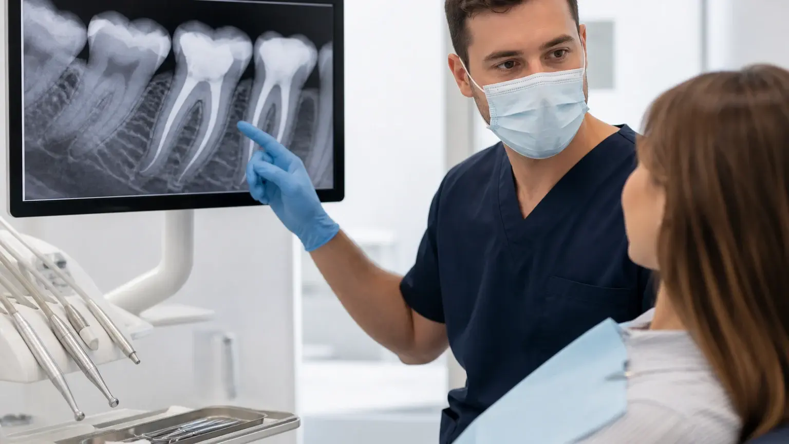 Calm patient receiving numbing before root canal therapy with endodontic tools and x-ray nearby