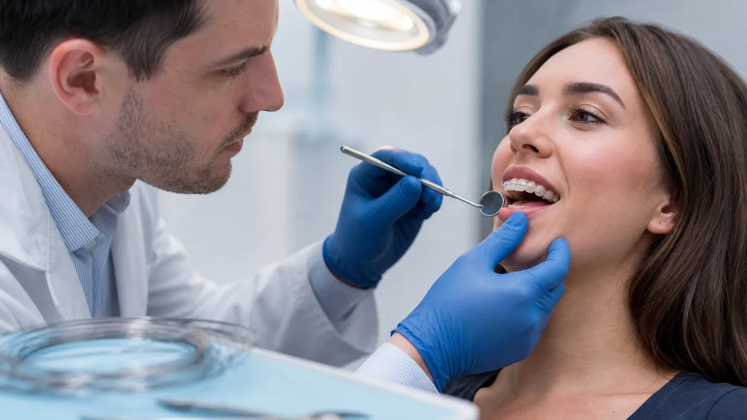Orthodontist comparing predicted aligner tracking with a braces progress model