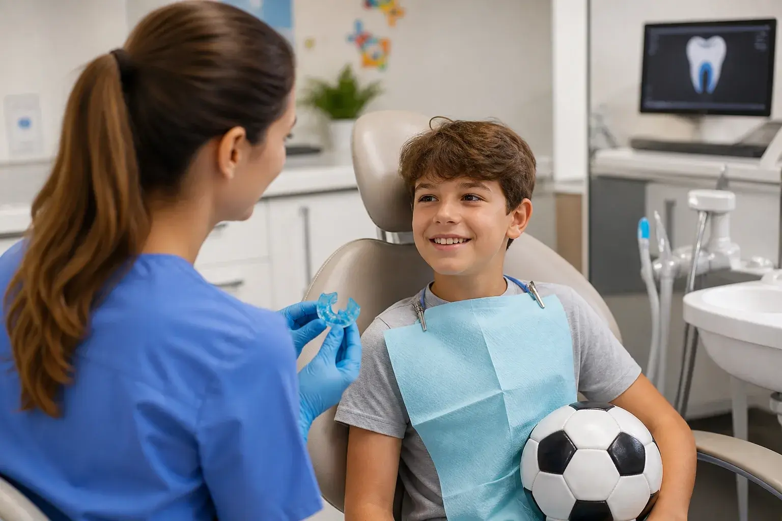 Sports mouthguard fitted on a child dental model beside youth athletic gear in a clinic