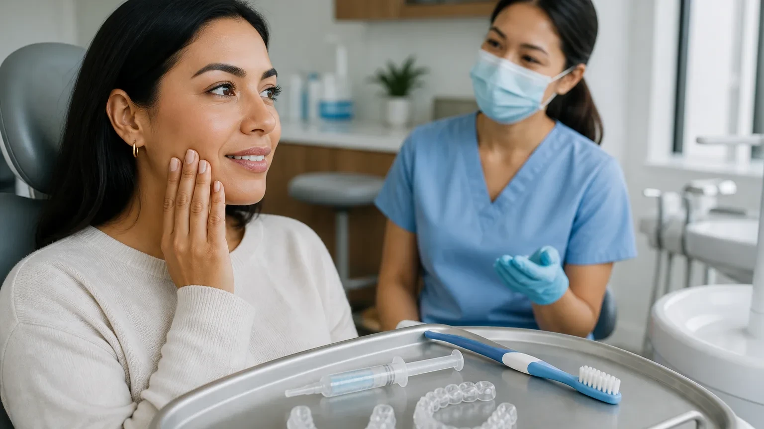 Patient holding cheek gently while discussing whitening sensitivity with a dentist