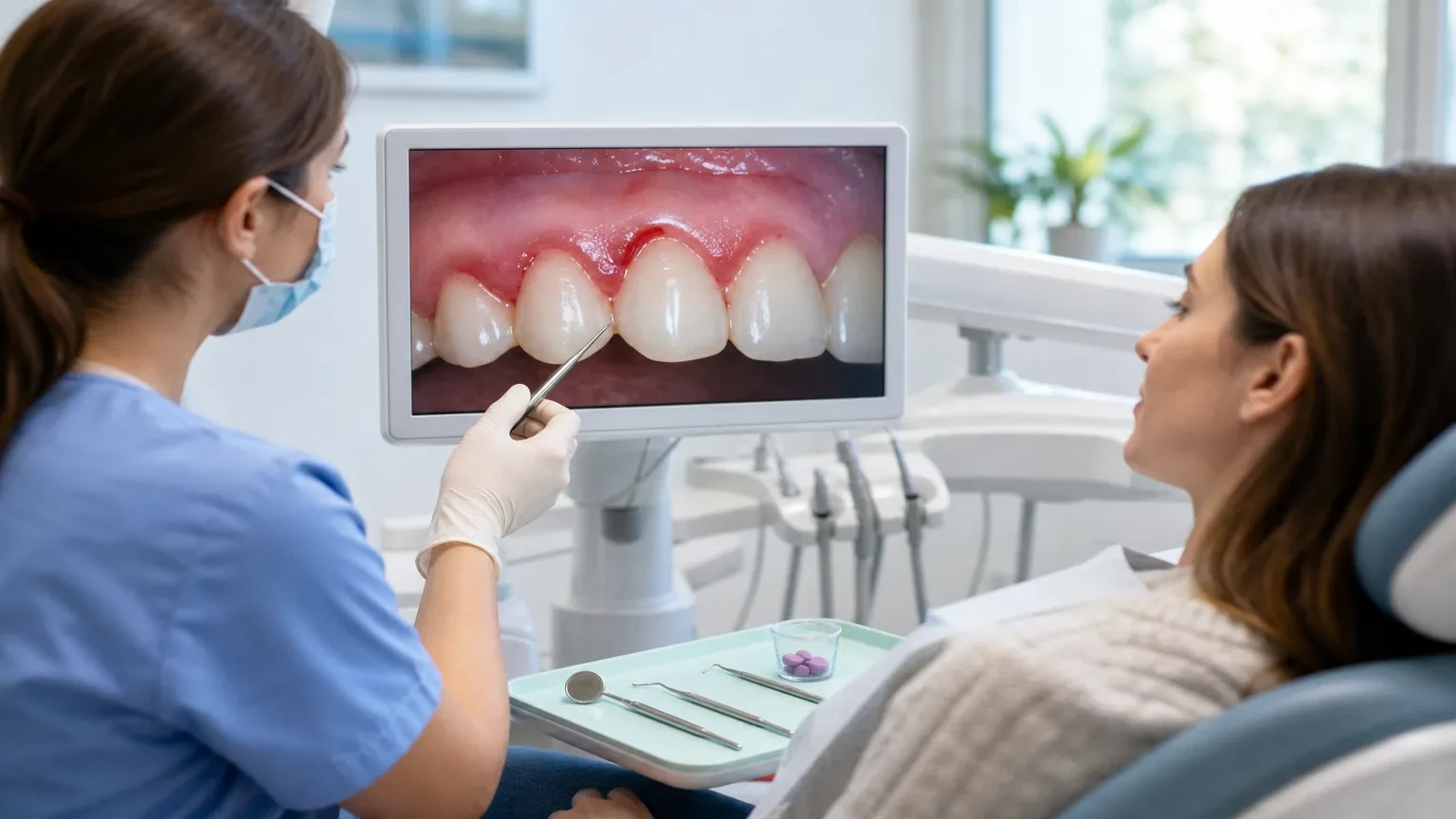 Dental hygienist reviewing an early gum disease symptom checklist with a patient