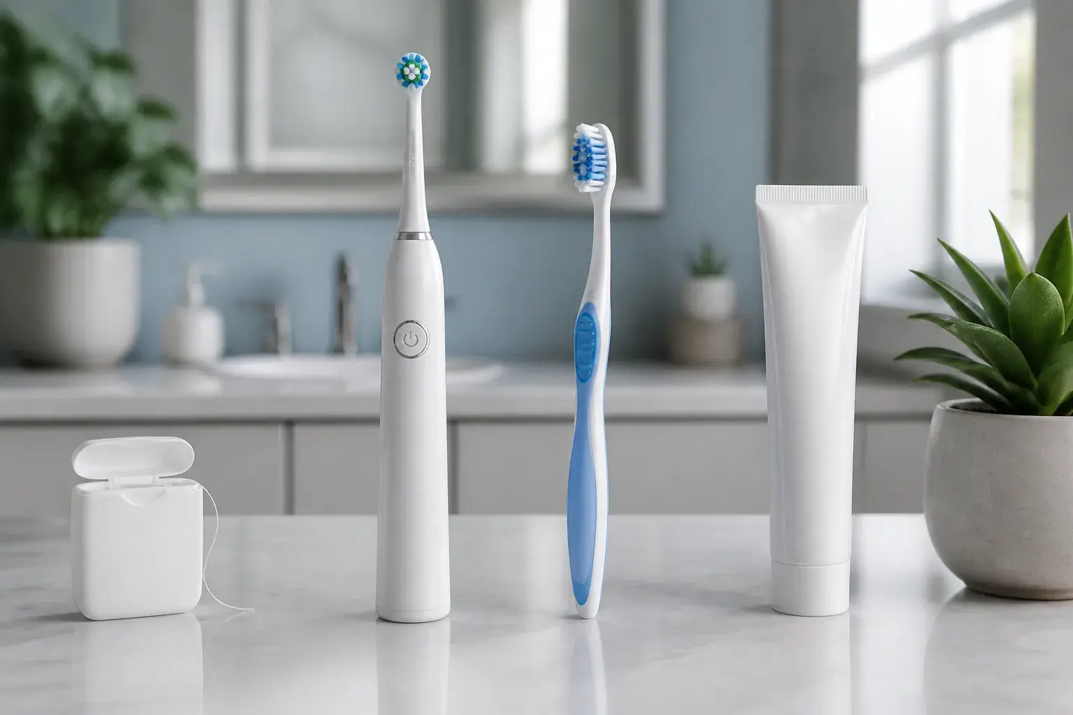 Electric and manual toothbrushes side by side with toothpaste and floss for daily plaque control