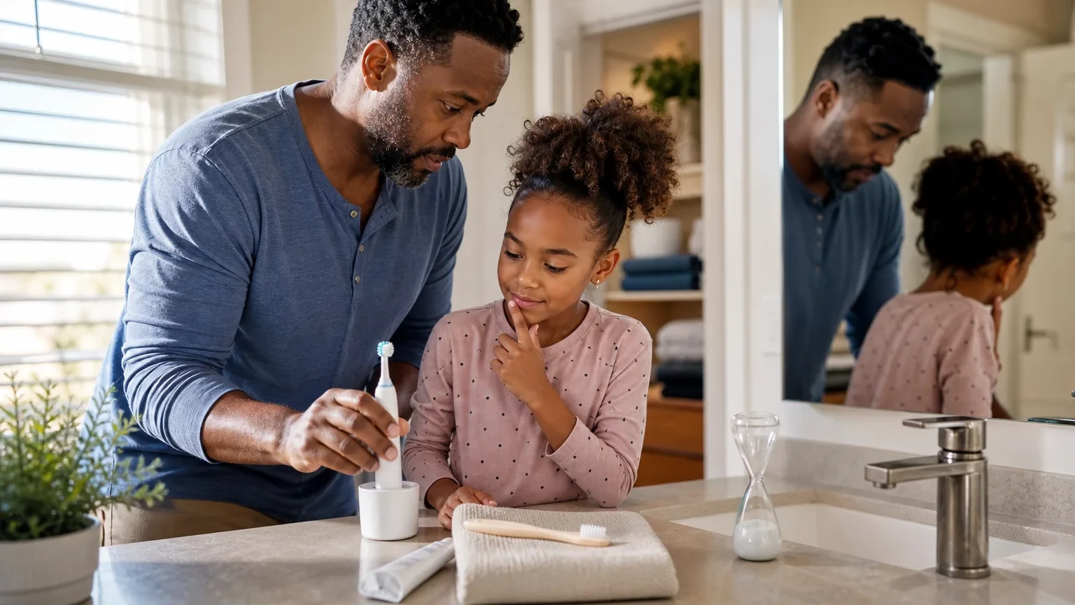 Electric toothbrush and soft manual toothbrush side by side on a bathroom counter