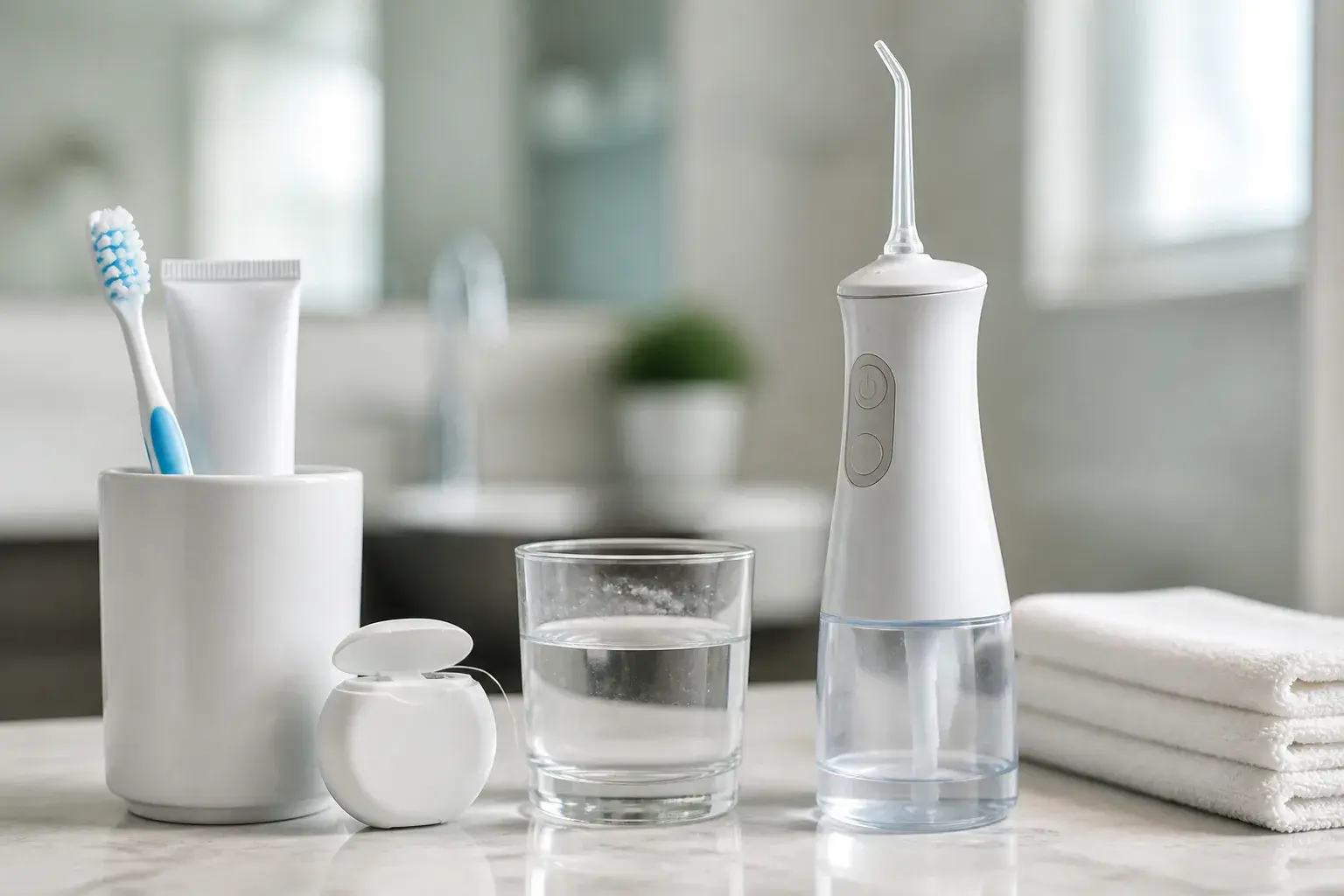 Water flosser and string floss arranged with toothbrushes for choosing an interdental cleaning routine
