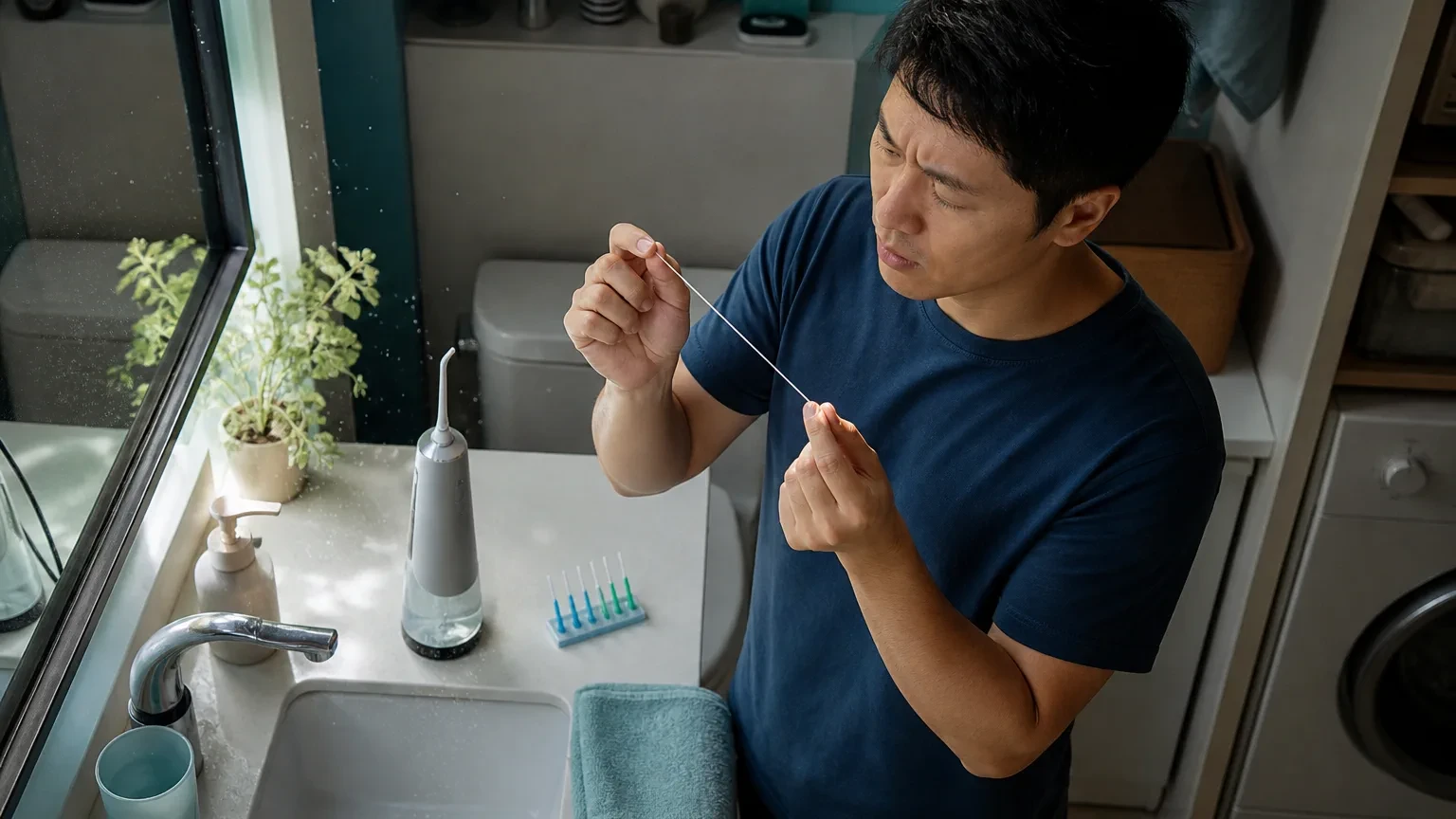 Dental floss and a countertop water flosser prepared for interdental cleaning
