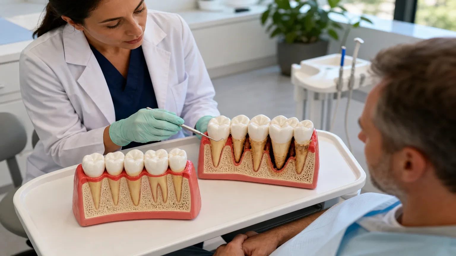 Periodontist comparing healthy gums, gingivitis, and periodontitis on dental models