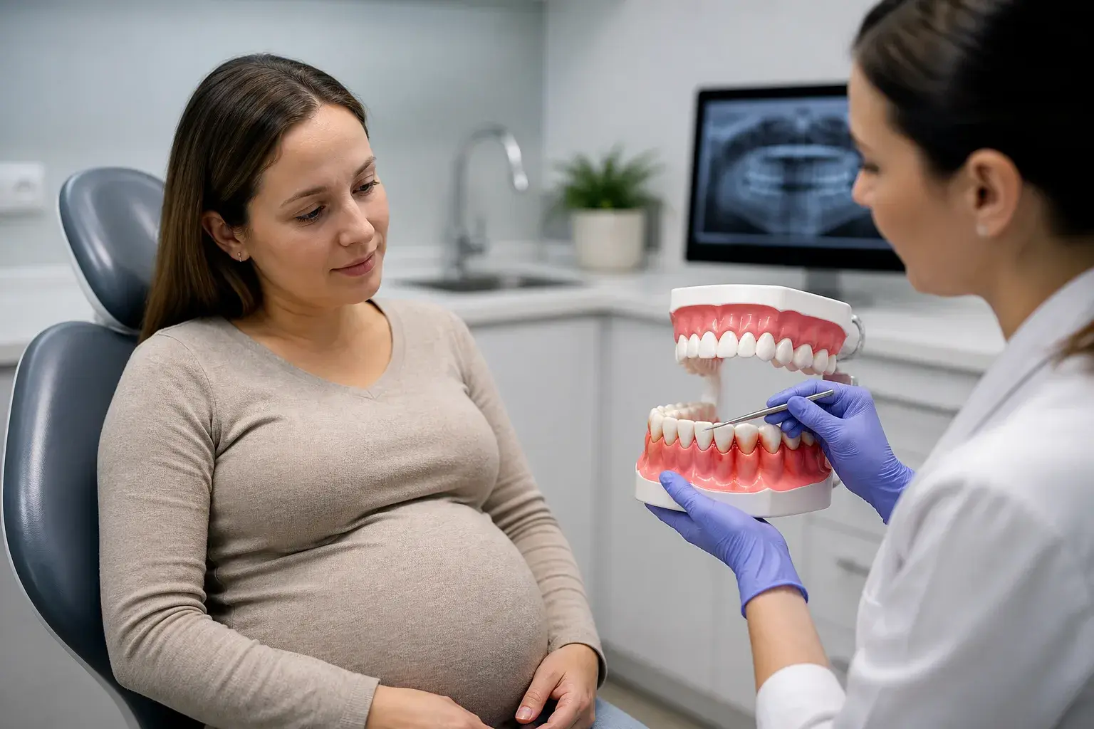 Pregnancy dental visit scene with gum health model explaining pregnancy related gingivitis risk
