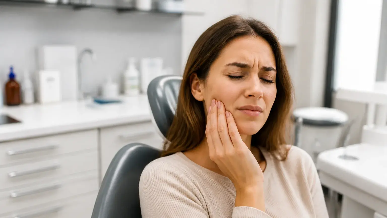 Calm TMJ home care setup with warm compress, soft foods, and jaw relaxation guidance on a dental counter