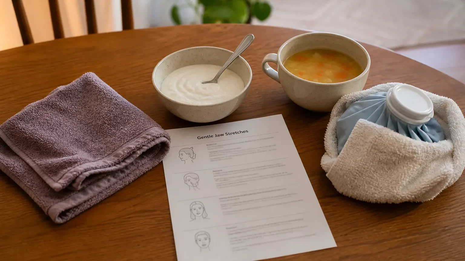 Warm compress, soft foods, and a water glass set up for gentle TMJ home care