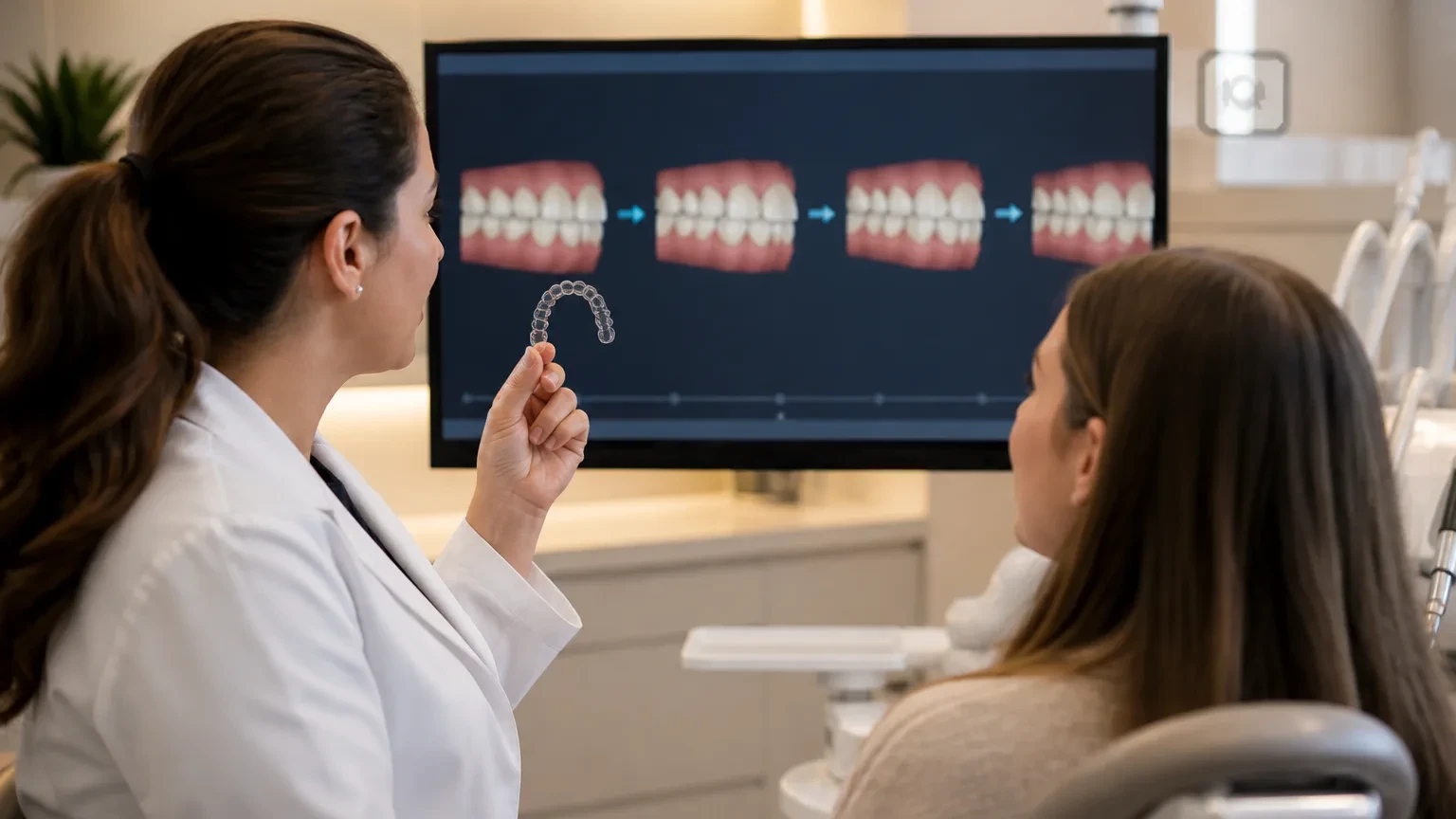 Clear aligner tray seated on a dental model beside a digital tooth-movement plan