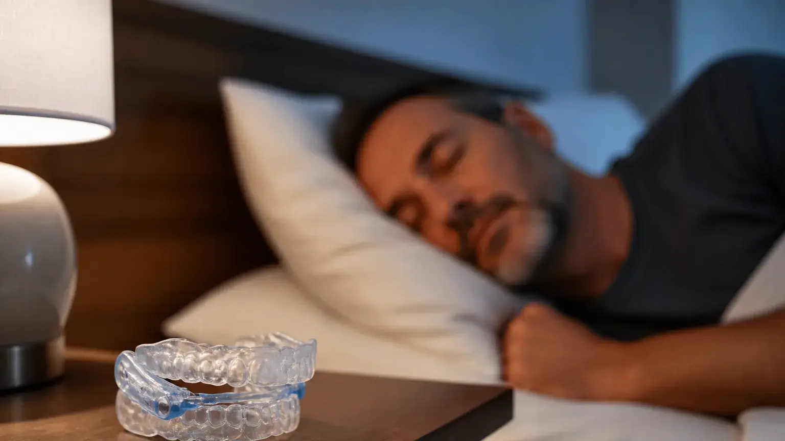 Sleep apnea warning signs discussion with nightstand oral appliance and calm bedroom monitoring cues