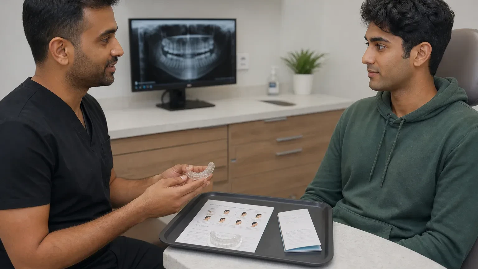 Dentist outlining a conservative TMJ treatment plan with a patient in the operatory