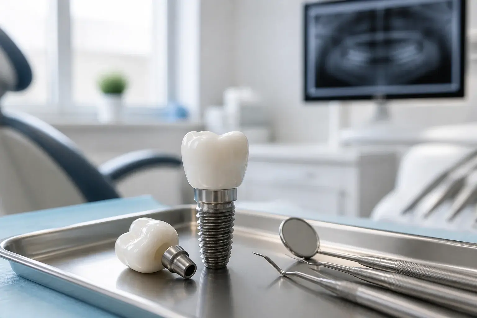 Titanium implant and crown model beside a calendar, highlighting how long dental implants can last