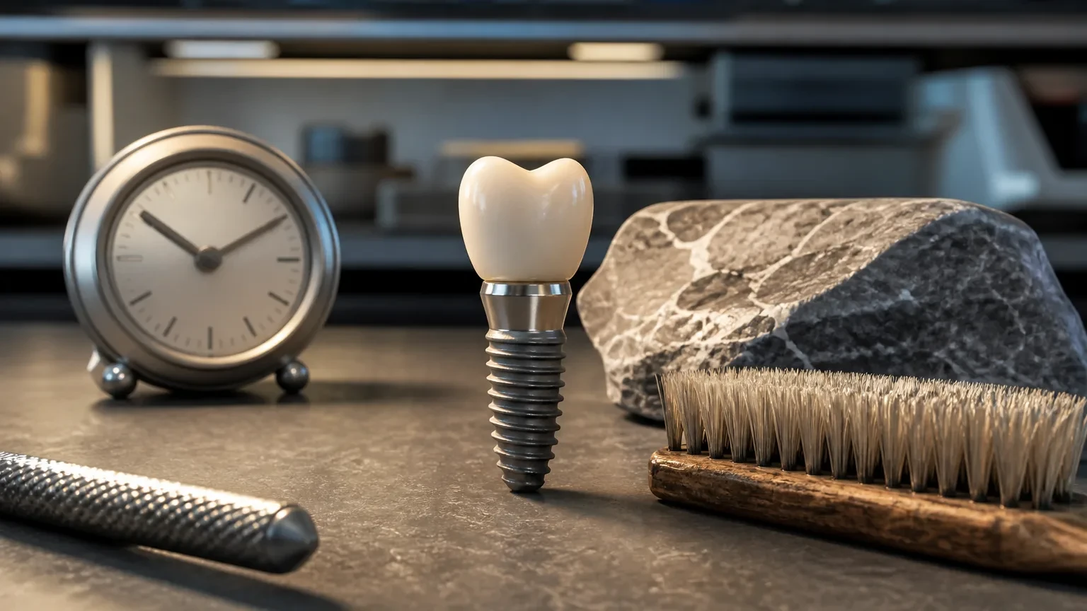 Long-lasting dental implant crown shown in a healthy smile during a checkup