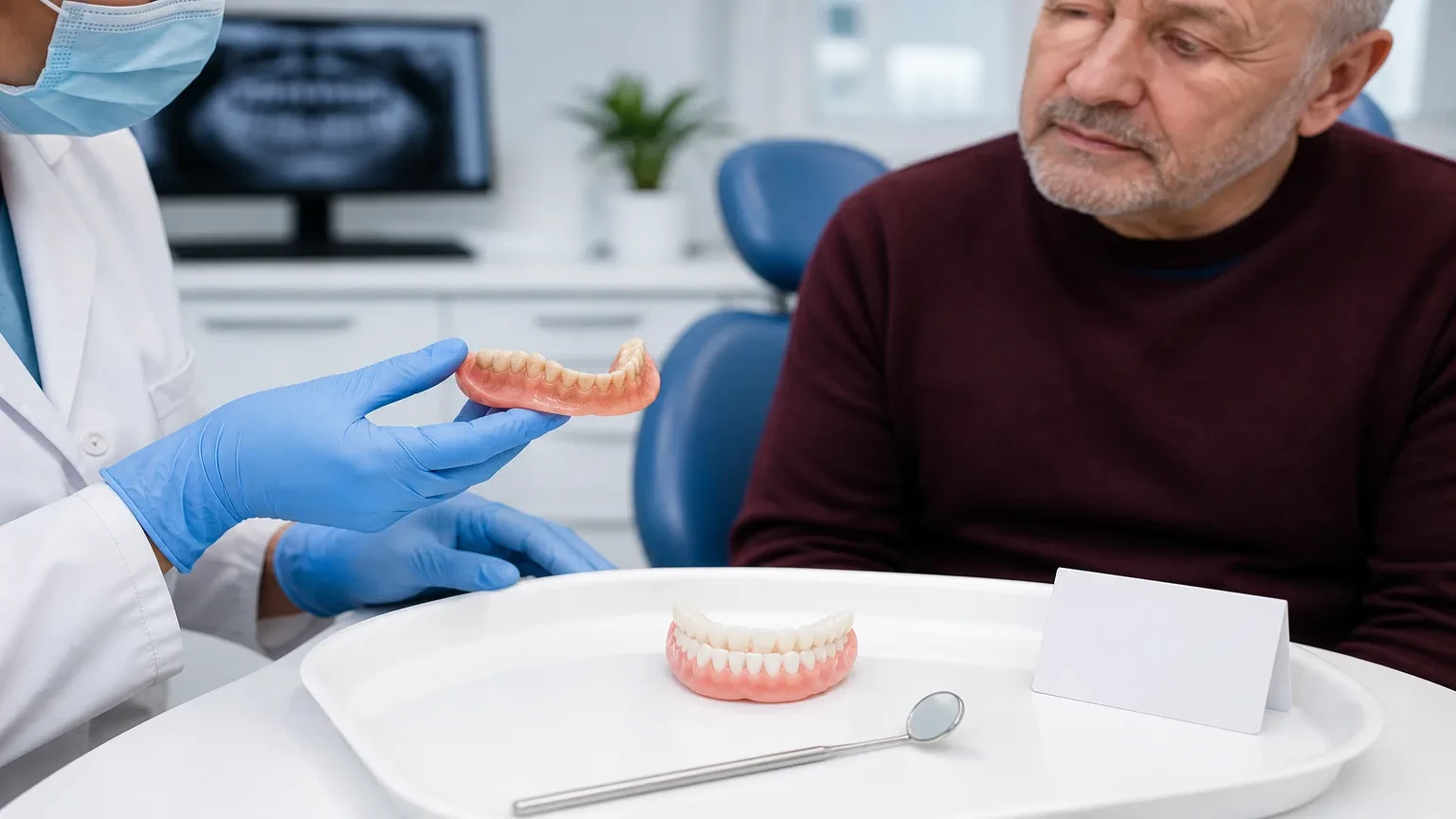 Worn denture teeth compared with a newly fabricated denture set