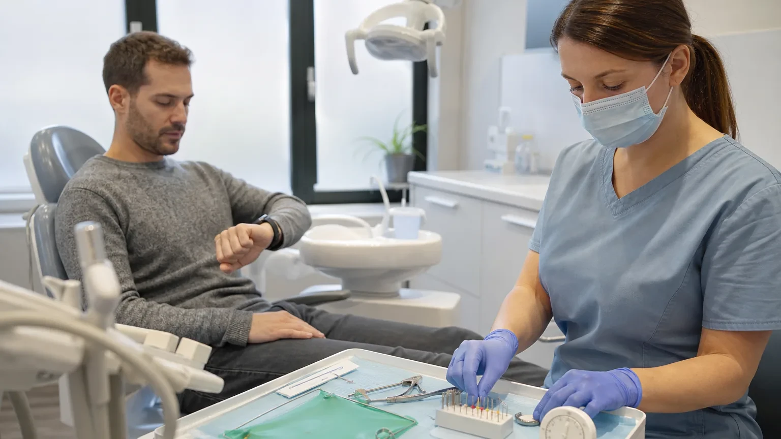 Dental appointment clock beside root canal instruments and a tooth model