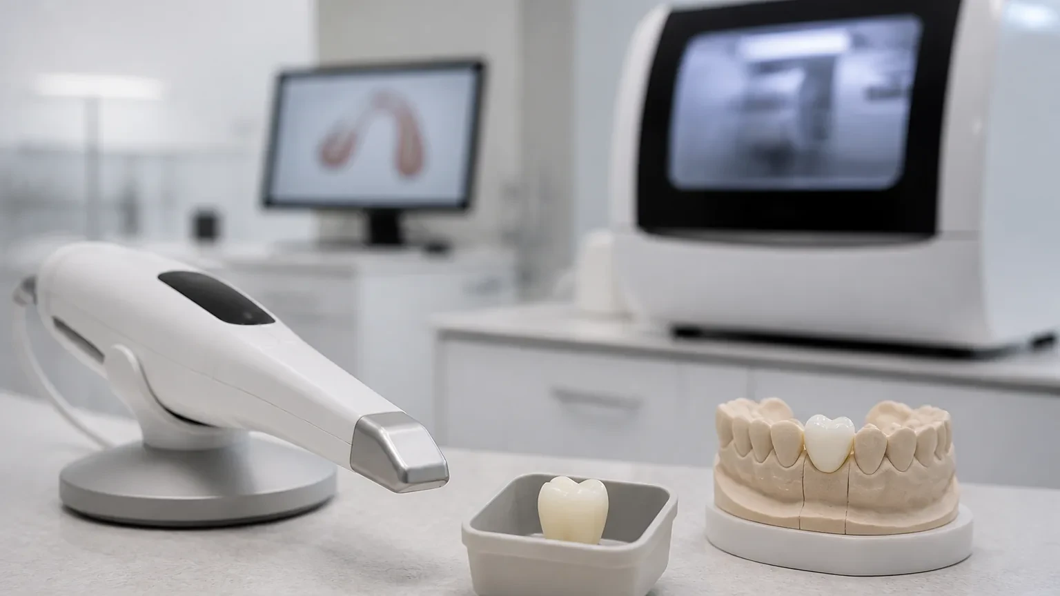 Dental crown appointment timeline with scanner, temporary crown, and final crown